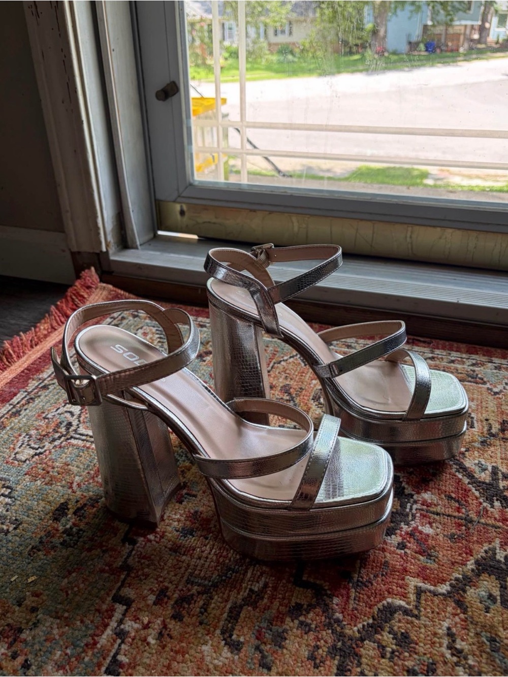 Soda Metallic Silver Platform Block Heel Sandals